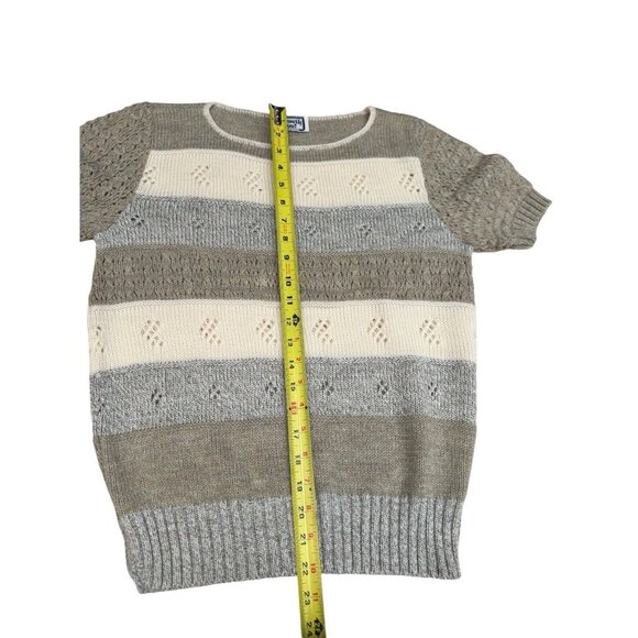 Vintage Kenneth Too Open Knit Short Sleeve Sweater Heather Grey Cream Khaki USA - Picture 10 of 12